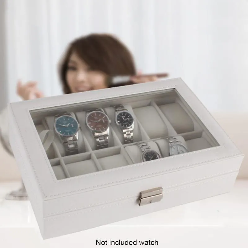 Caixas de relógio casos exibir presentes armazenamento branco caixa de madeira à prova de poeira casa grande luxo durável organizador 12 slots case289o