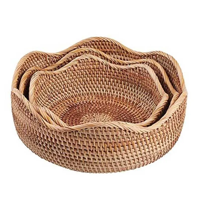 Hadewoven Rond Rotin Panier De Fruits En Osier Plateau De Nourriture Tissage Titulaire De Stockage Bol Pour Cosmétique Traditionnel Artisanat 210609