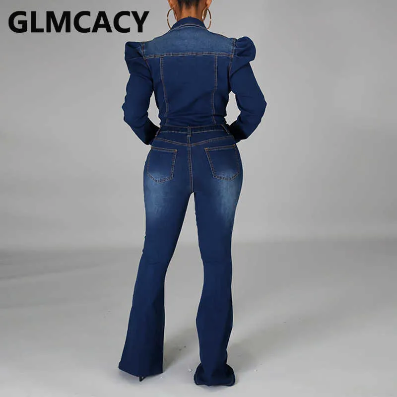Femmes Puff Sleeve Casual Denim Combinaison Pocket Design Chic Jeans Salopette 210702