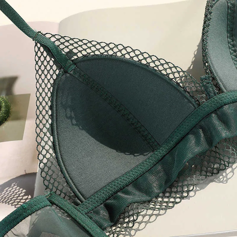 Sexy Set French Bralette Green Bra Set Hollow Out Mesh Lace Trim Pattern Green Wire Free Seethrough Panties Summer Girl L2304