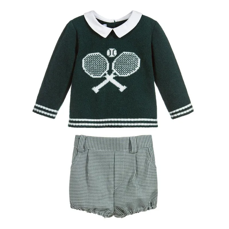 Комплект испанской бутиковой одежды для маленьких мальчиков, детские вязаные свитера с длинными рукавами, короткие штаны, осенне-зимняя одежда для малышей 2103096056470