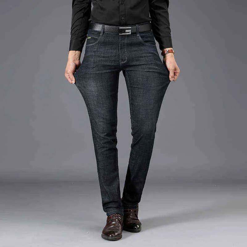 Sulee Märke European American Style Mäns Elastic Bomull Stretch Jeans Byxor Lösa Fit Denim Trousers 211111