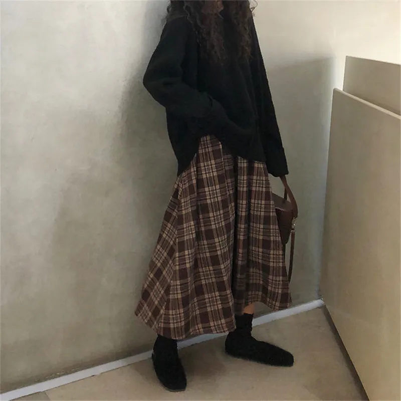 Japanische Harajuku Herbst Winter Frauen Midi Rock Hohe Taille Plaid Weibliche Saias Koreanische Ulzzang Streetwear Elegante Lange Röcke 210315