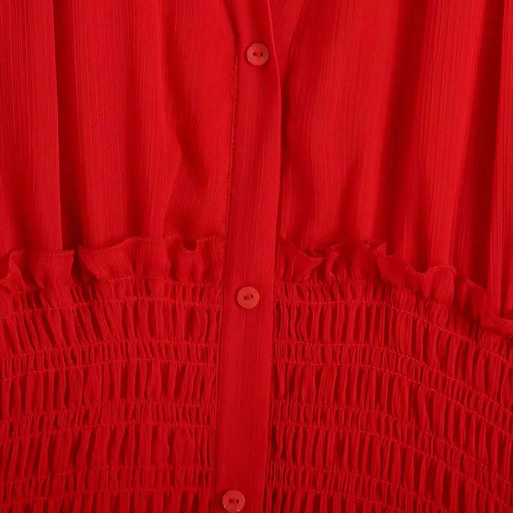 Za vermelho chiffon vestido de verão mulheres cintura elástica curto vintage midi es mulher botão para cima festa de forro 210531