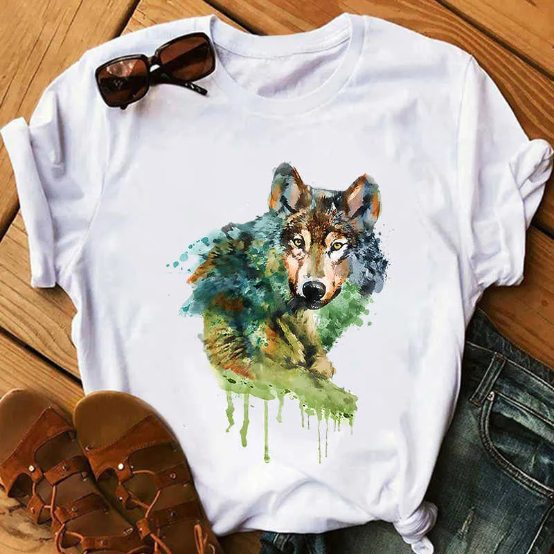 Brand Wolf T shirt Women Funny white T-Shirt Girl Casual Animal Tshirt Female Summer Short Sleeve O Neck Loose Tshirt tee Tops X0527