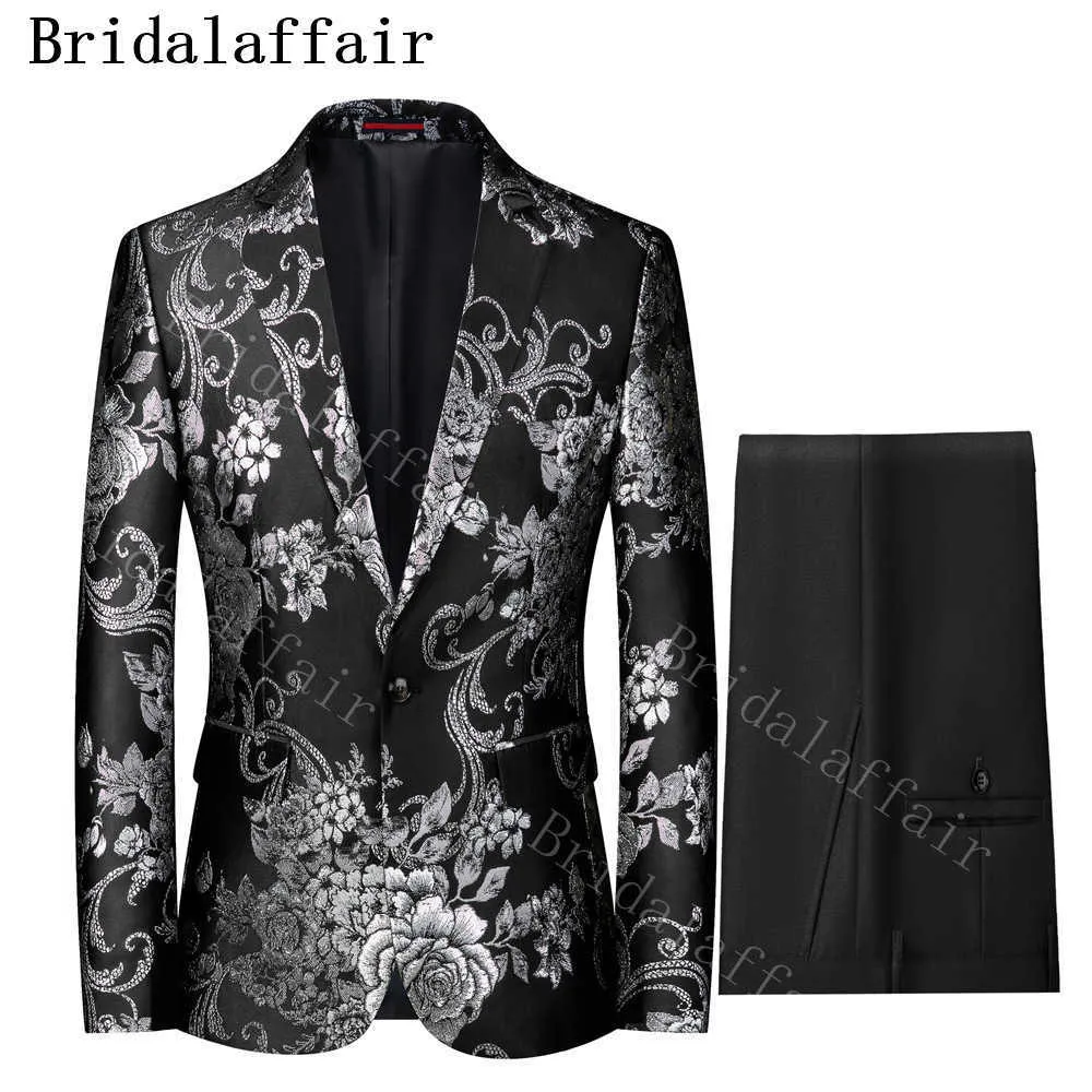 Bridalaffair Svart silvermönster Män Party Passar Stage Sångare Hombre Casual Slim Fit Floral Jacket Black Pants Prom Dress Tuxed x0909