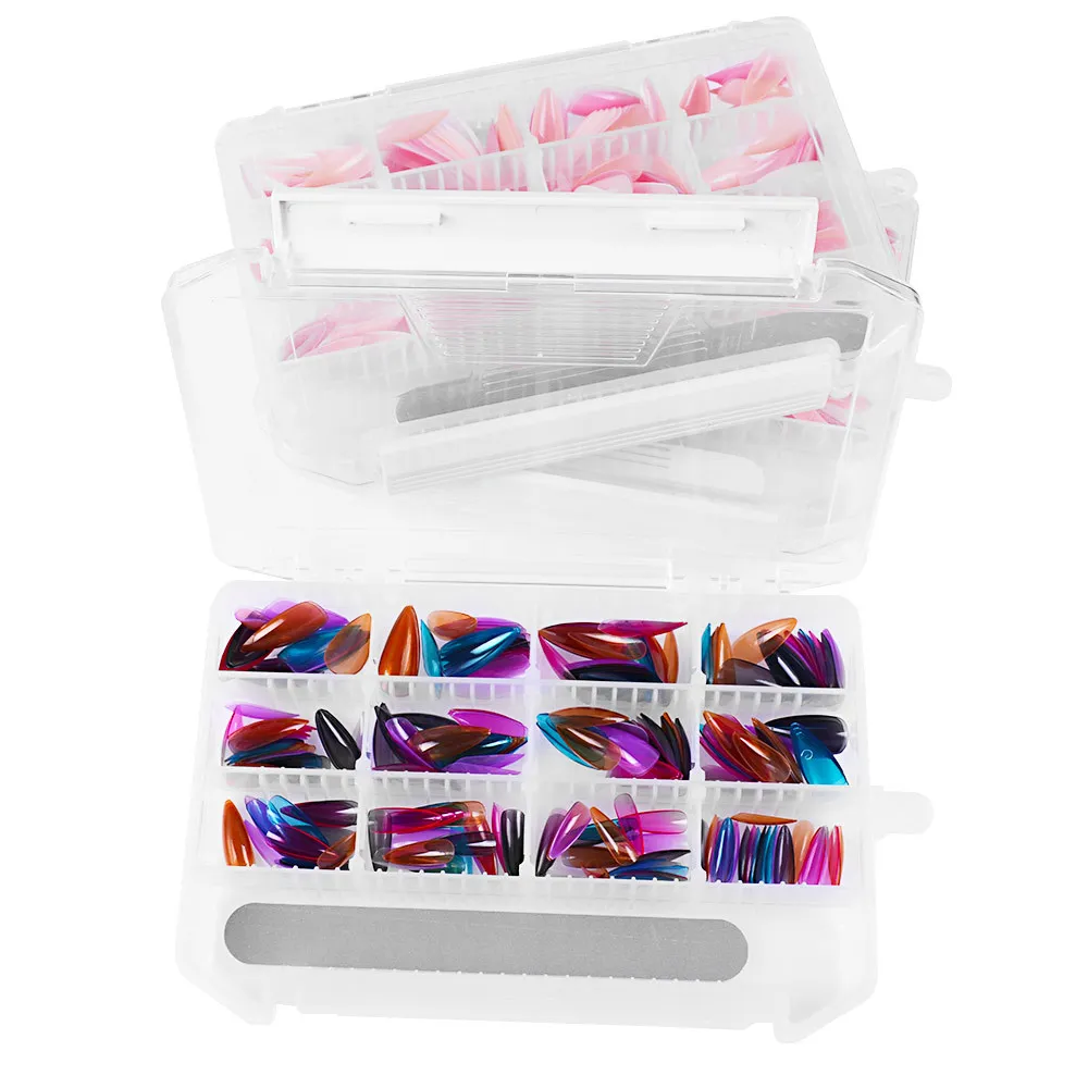New /box s Extension System Full Cover Sculpted Base Color Stiletto Medium False Tips with Nail Files