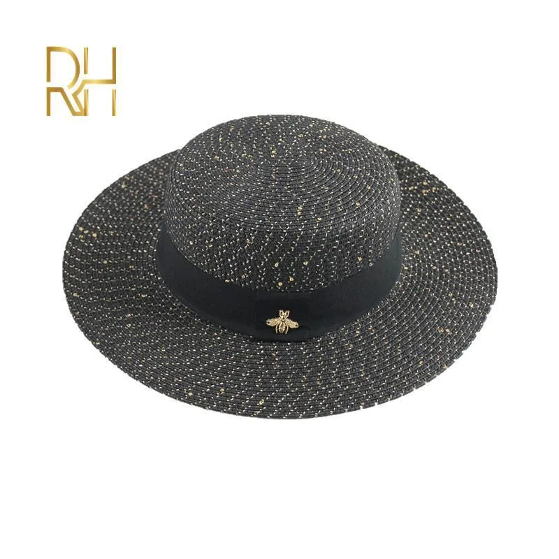 Ladies Sun Boater Flat Hats Small Bee Sequins Straw Hat Retro Gold Braided Hat Female Sunshade Shine Flat Cap RH 220712236j