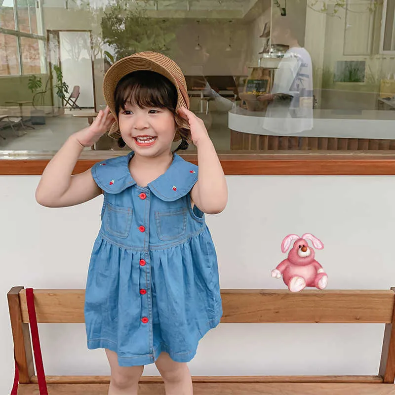 Bear Leader Girls Denim Summer Dresses Korean Fashion Kid Solid Color Princess Vestidos Children Sleeveless Preppy Cute Clothing 210708