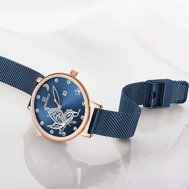 Naviforce relógios femininos marca de luxo reloj borboleta relógio moda quartzo senhoras malha aço inoxidável à prova dwaterproof água presente reloj muje v269n