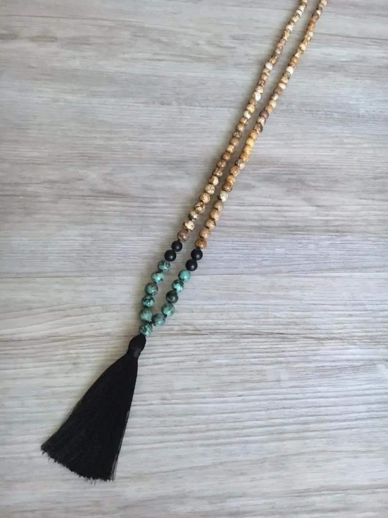 Colliers pendants 108 Collier de perle mala africain turquoises onyx nouée de prière masculine de yoga méditation 249m