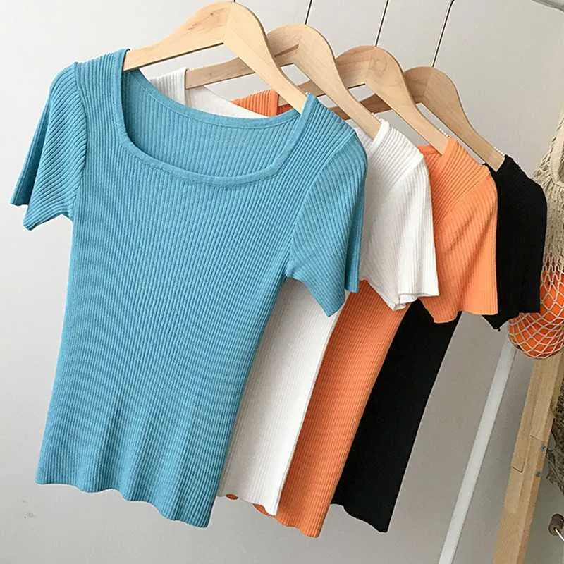 Yedinas Summer T-shirt Donna Casual Slim Camicia manica corta ee Femme Square Collar ight Vintage Basic ee ops 210527