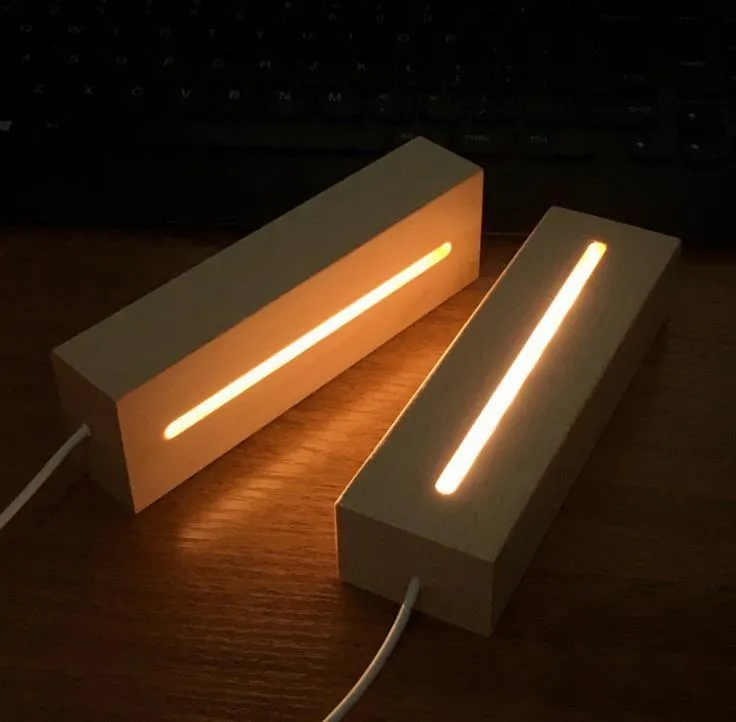Decoração de festa LED cabo USB de madeira sólida luz noturna 3D suporte branco quente lâmpada de madeira redondo oval base de formato de retângulo sn205t