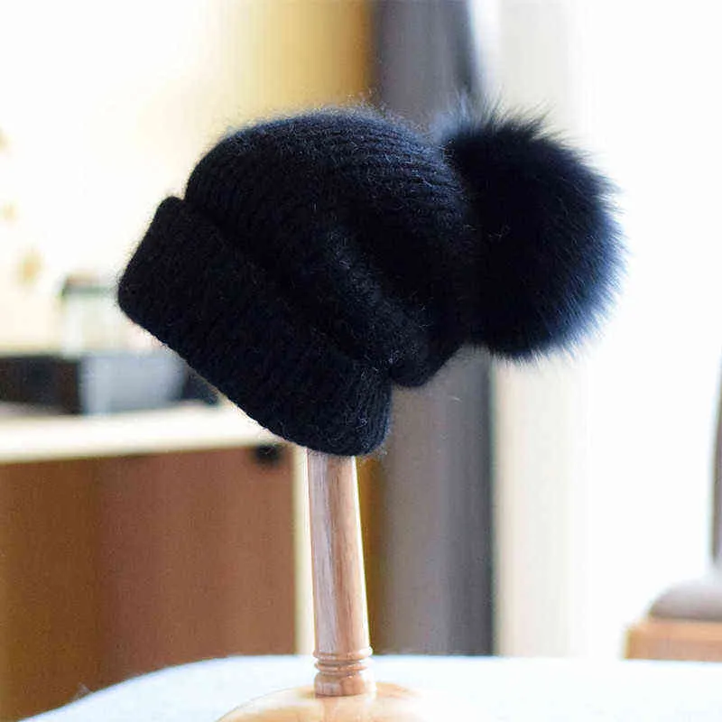 Hat Women Winter Angora Knit Real Fur Pompom Beanie Autumn Warm Skiing Accessory For Girl Teenagers Outdoors Luxury 211229