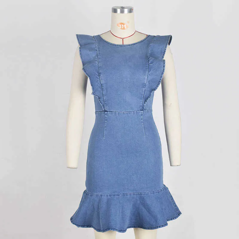 Denim Bodycon Dres Sommerkleid Casual Sommer Jeans Rüschen Mode Kleidung Robe Jean Femme Vestido De Mujer Blau 210608