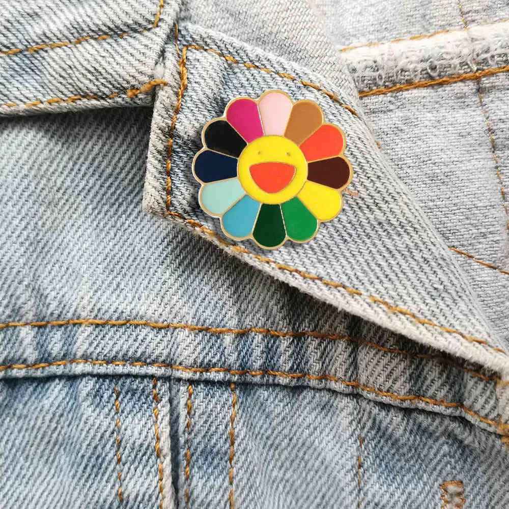 RSHCZY Cute Kpop Pins Sun Flower Colorful Enamel Brooches for Women Student Daily Party Round Badges Jewelry Gifts