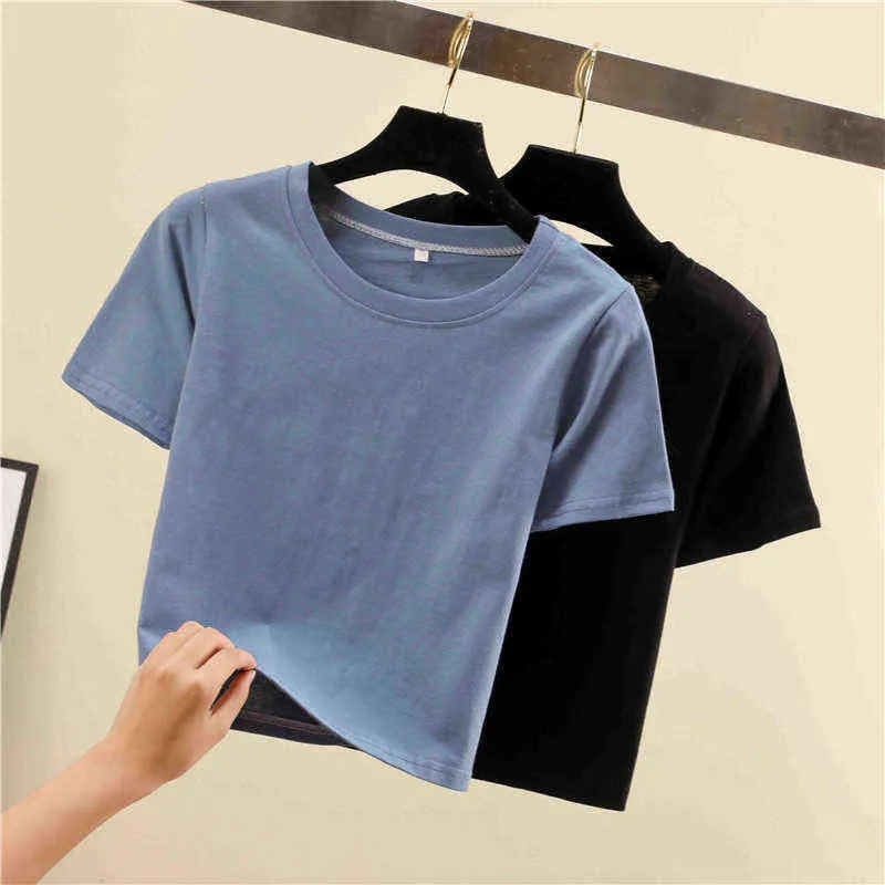 Crop Top T-Shirt Female Solid O-Neck Short Sleeve T-shirts for Women High Waist Slim Short Sport Blanc Femme T-Shirt G220228