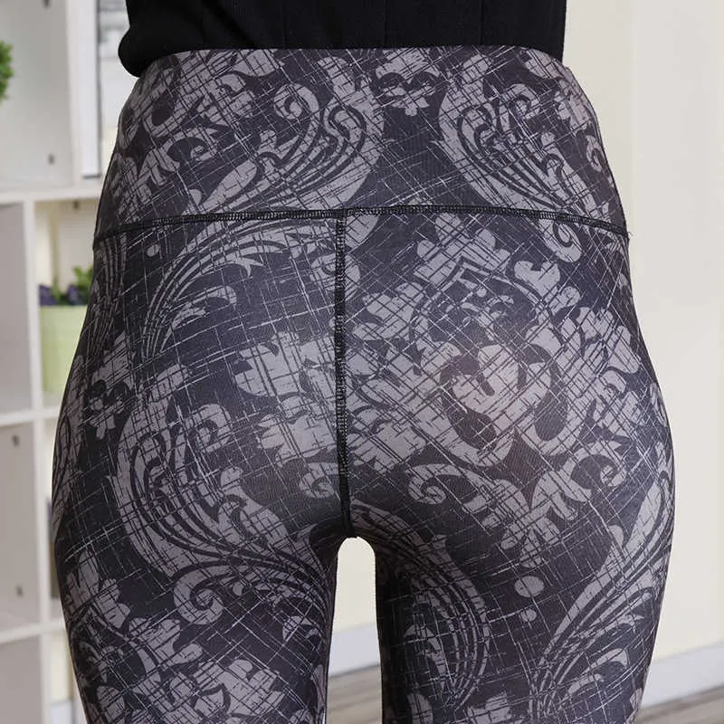 Leggings fitness ad alta elasticità Donna Lotus Print Slim Push Up Vita traspirante Allenamento in palestra Nero 210604