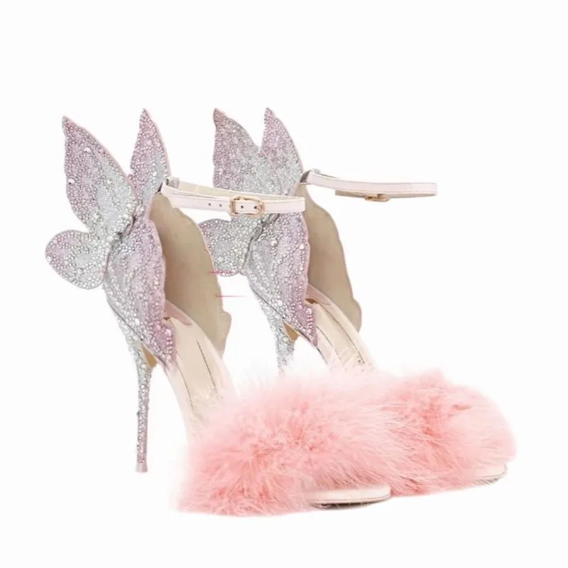 Abesire New Women's Sandals Butterfly Decor Pink Fur Bling High Heels Summer Shoes For Women Fashion Stilettos zapatos mujer 0227