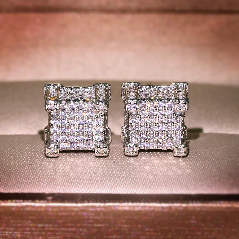 Men Women Gold Stud Earrings Hip Hop Jewelry CZ Simulated Diamond Silver Fashion Square Earring224t
