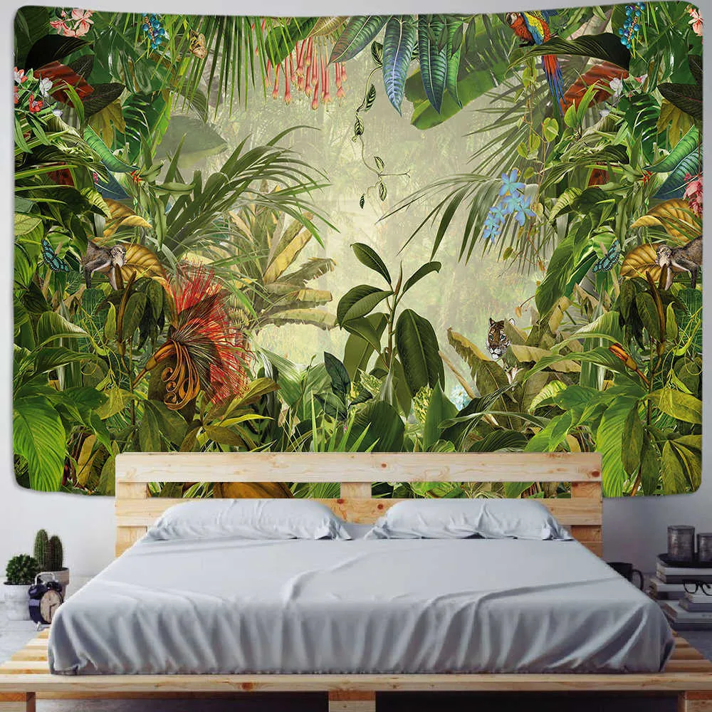 ヤシの木のタペストリーの壁掛け熱帯の葉の花柄のビーチの壁のタペストリーの背景背景壁の布のカーペットのタペストリー210609