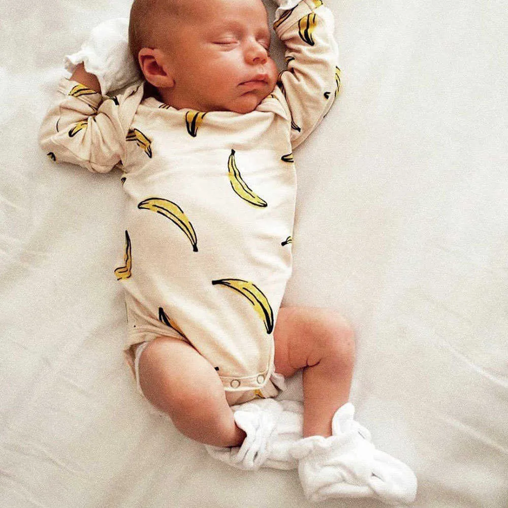 Dziecko Unisex Długie Rękaw Pajaciki Jesień Zima Przylotów Leopard Banan Rainbow Pattern Onesie Niemowlę Bawełniane Ubrania 210619