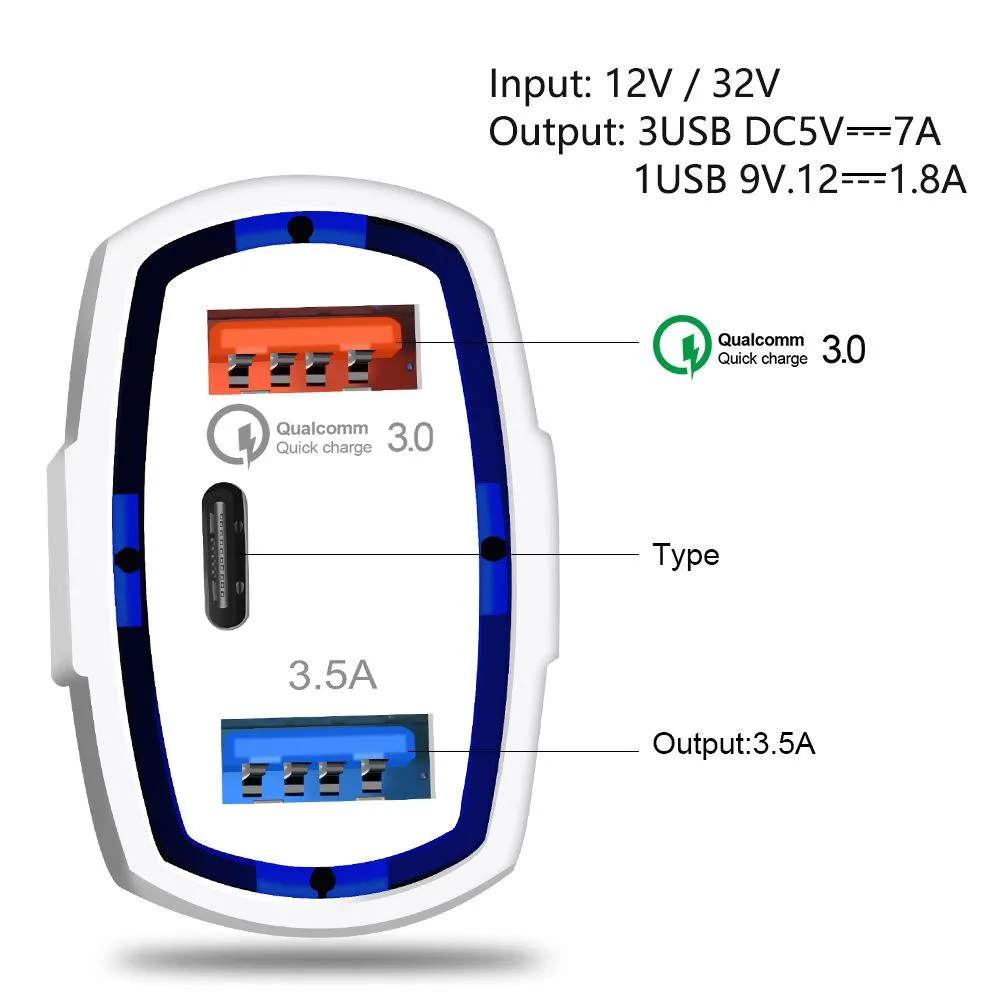 3 en 1 Cargador de coche USB Tipo de carga rápida C QC 3.0 PD USB-C 7A Cargadores Adaptador de teléfono para iPhone 13 12 11 Pro Max X 8 7 Plus y Samsung S22 S21 S20 Nota 10 Teléfonos