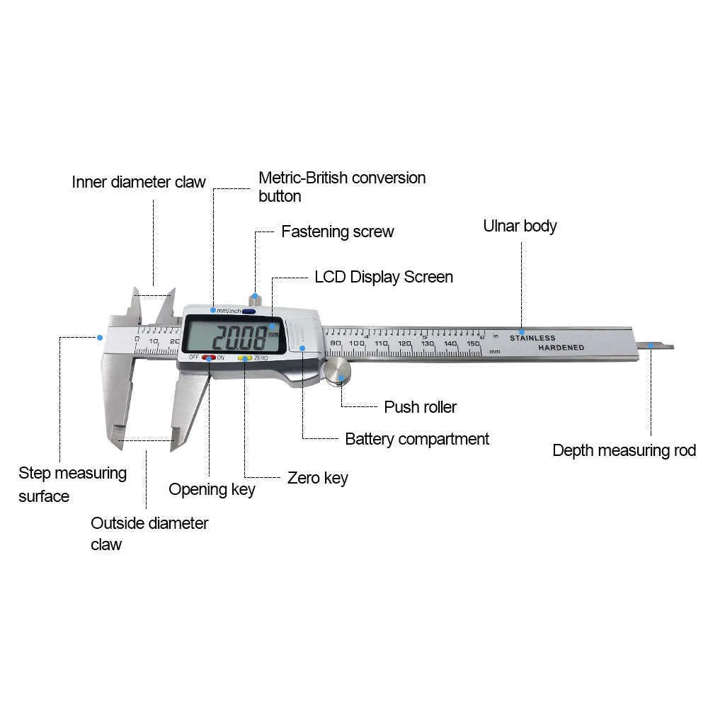 الفرجار المعدني 150 ملليمتر 6 بوصة lcd الرقمية الالكترونية vernier المقياس المقاوم للصدأ ميكرومتر قياس أداة 210922