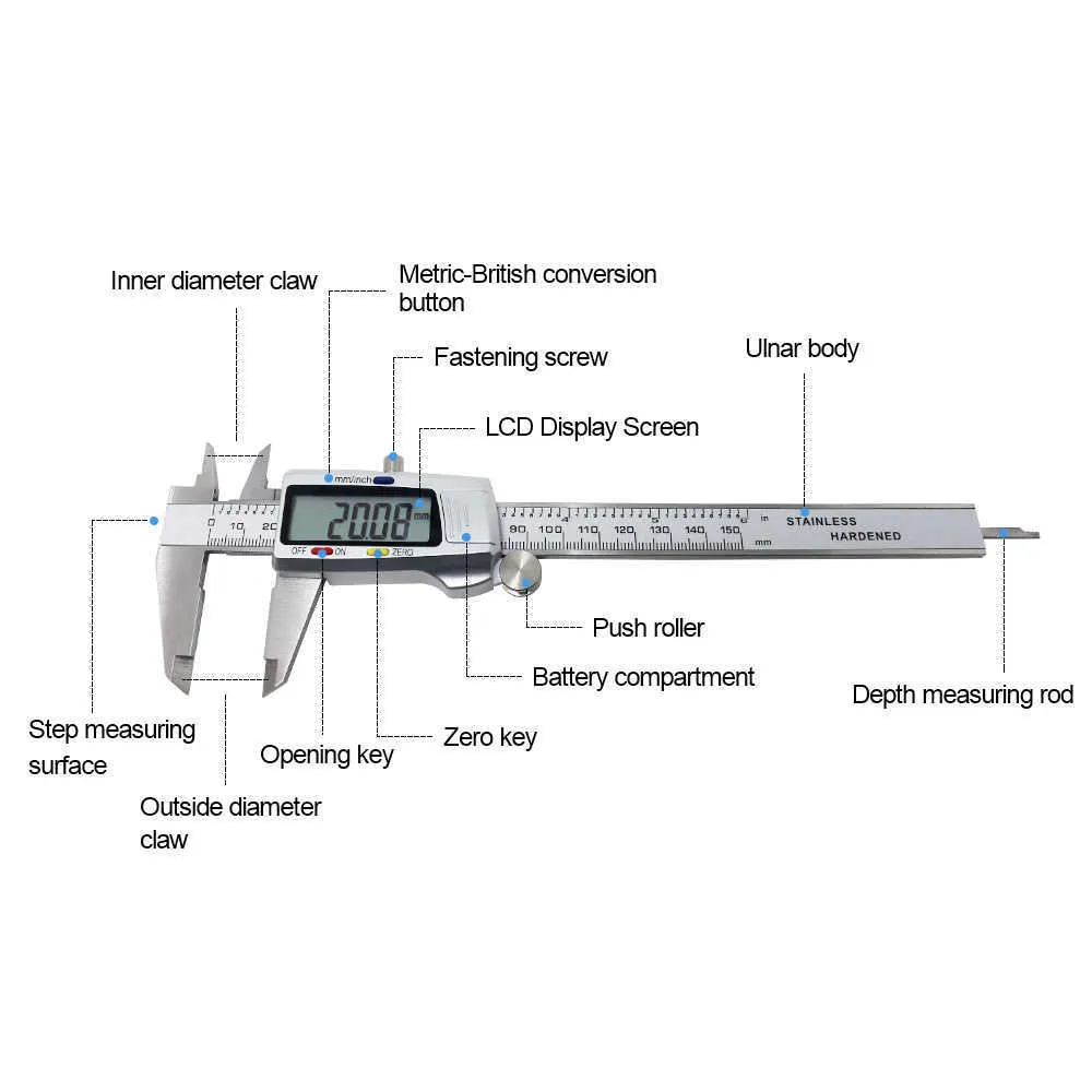 150mm電子デジタルメタルキャリパー6インチステンレス鋼の母音ゲージマイクロメータ測定ツール定規210922
