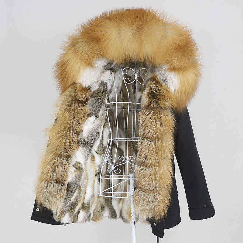 OFTBUY véritable manteau de fourrure de lapin Parka imperméable col de raton laveur naturel capuche veste d'hiver vêtements d'extérieur pour femmes amovible 211220