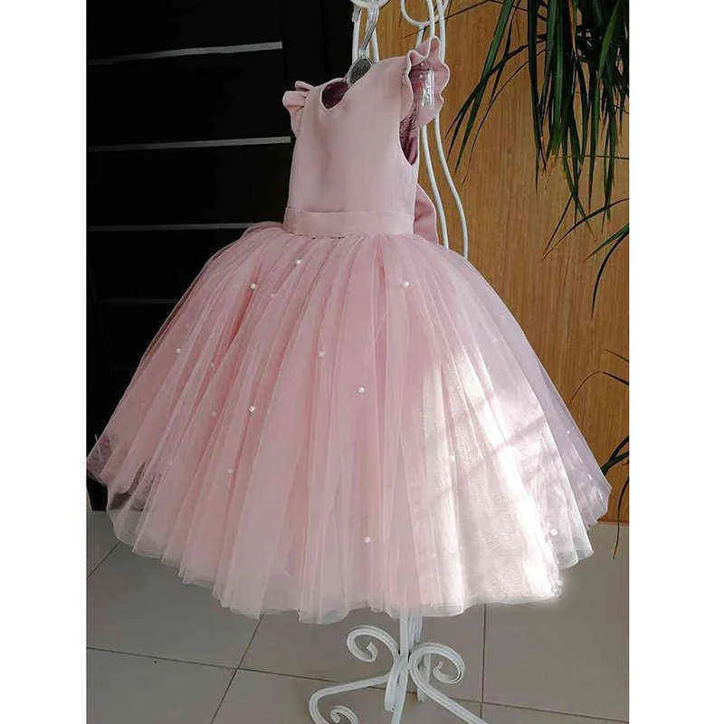 2021 Nieuwe Peach Pink Flower Girls -jurken voor bruiloft kralen Backless Girl Birthday Party Avond Jurk Tulle Princess Ball Jurk G4714505