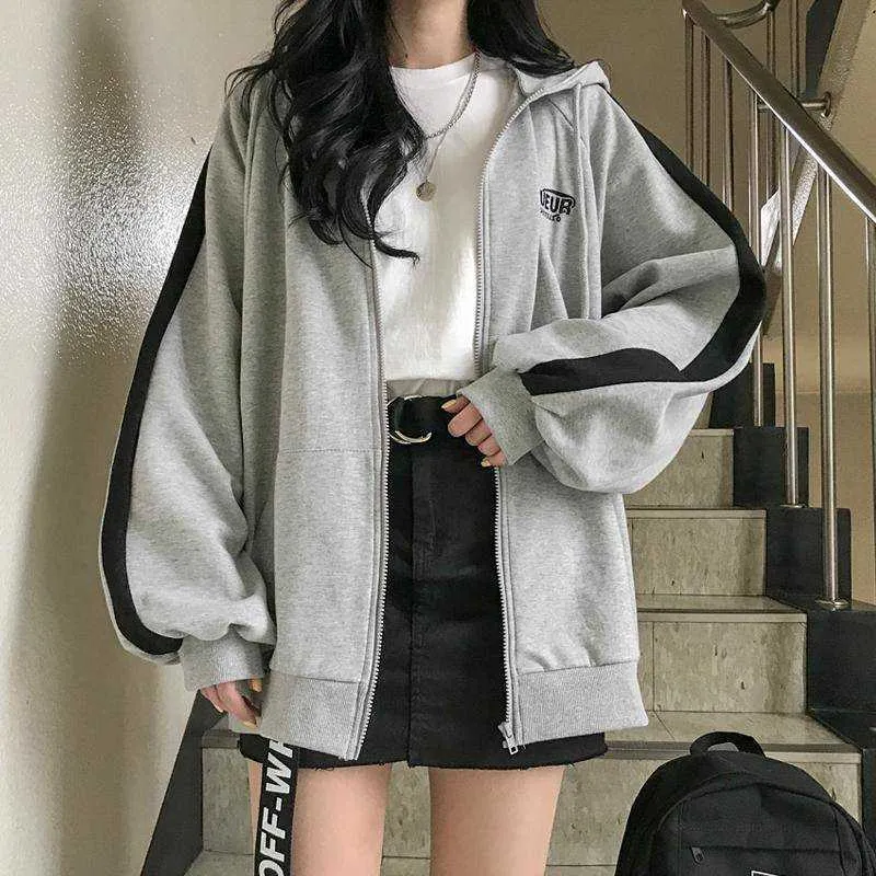 Zip Up Kvinnor Hoodie Vår Koreanska Långärmad Lila Sweetshirts Lös Casual Jacka Harajuku Hoodies Chic Kvinna Kläder 210721