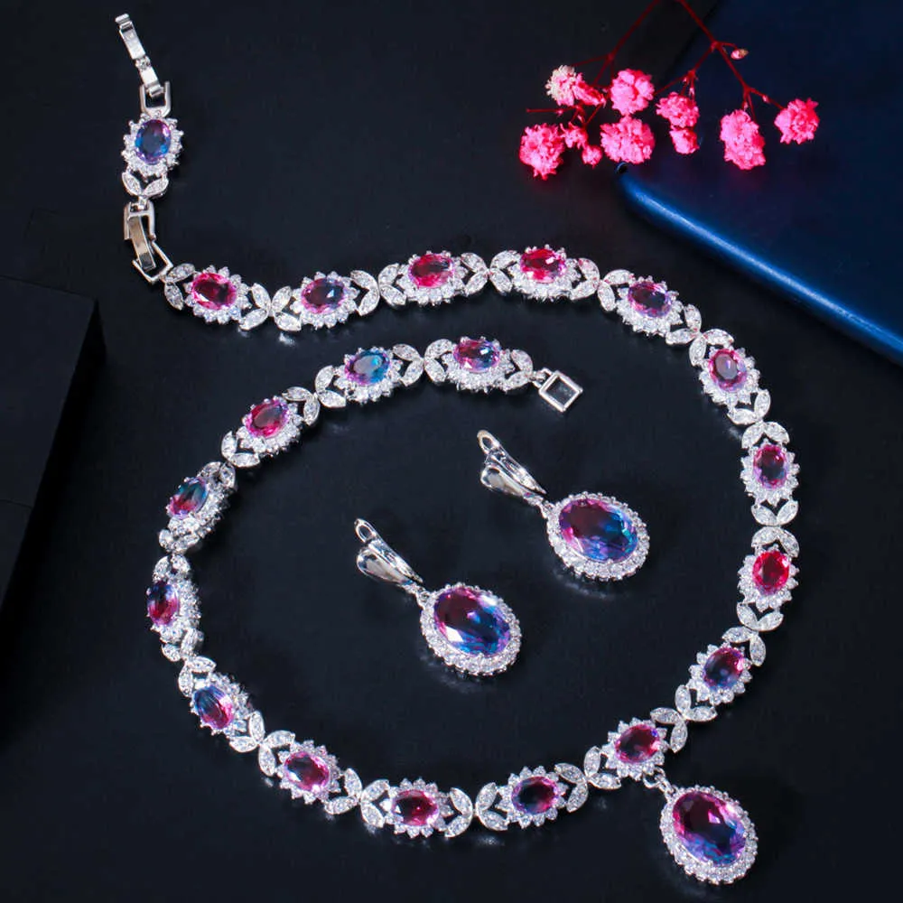 Pera Shining Rainbow Oval CZ Cyrkon Wisiorek Wedding Jewellry Zestawy Naszyjnik Naszyjnik Kolczyki Dla Kobiet Kostium Biżuteria J415 H1022