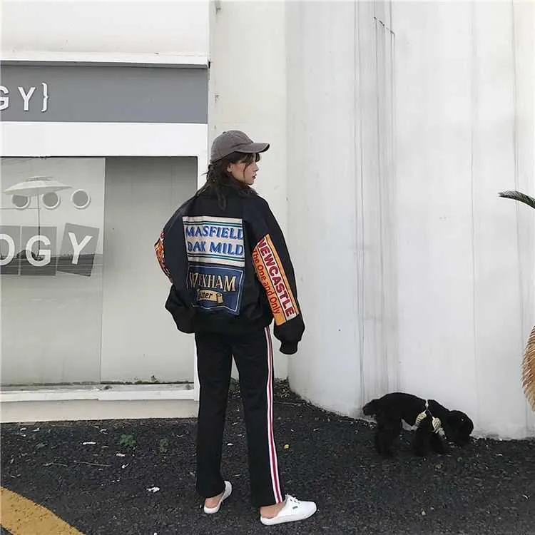 Женская зимняя куртка Streetwear напечатанные бомбардировщики дамы шить ретро ветровка молодежная толстовка корейская пальто 211014