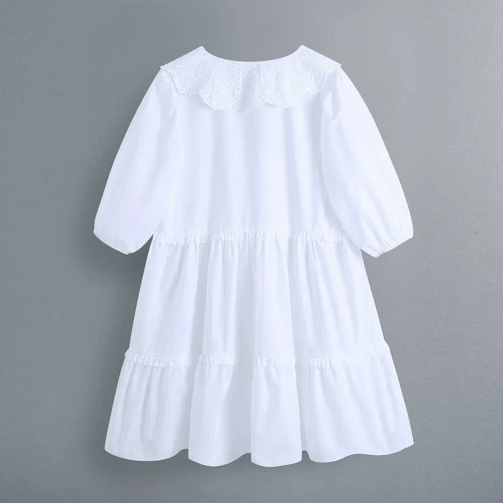 Femmes robe blanche été mode col en dentelle col en V moderne dame smockée mini robes 210602