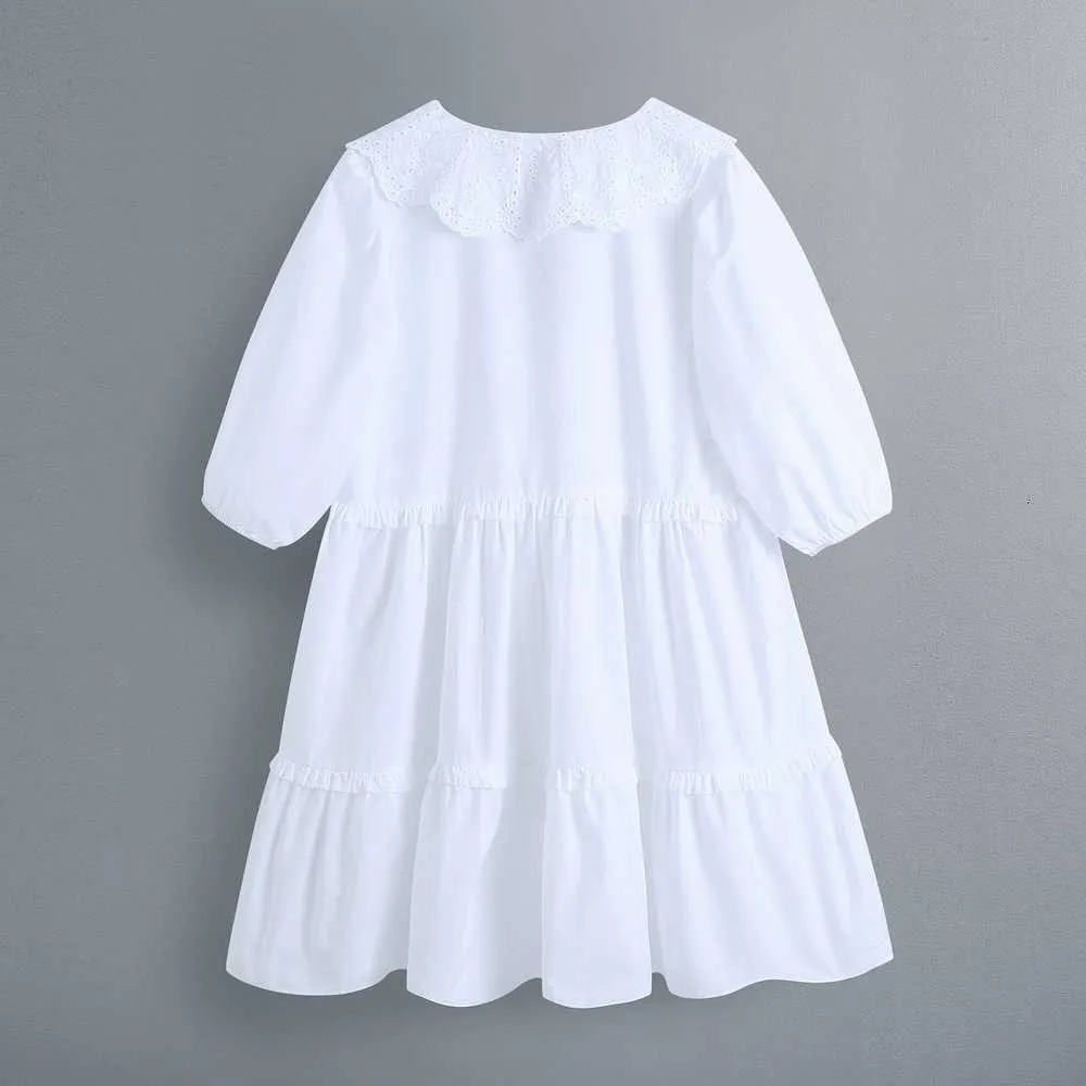 Women White Dress Summer Fashion Lace Collar V-Neck Modern Lady Smocking Mini Dresses 210602
