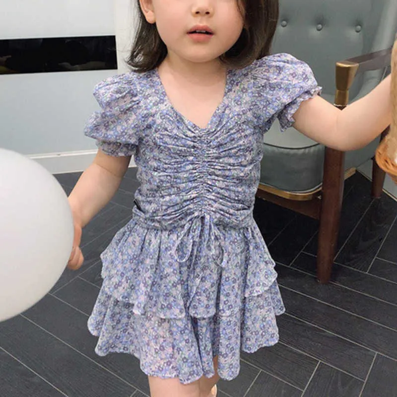 Summer Clothing Sets Floral Frill Decoration Top+Multi-Layer Skirt Children's Girl Kid Clothes 210528