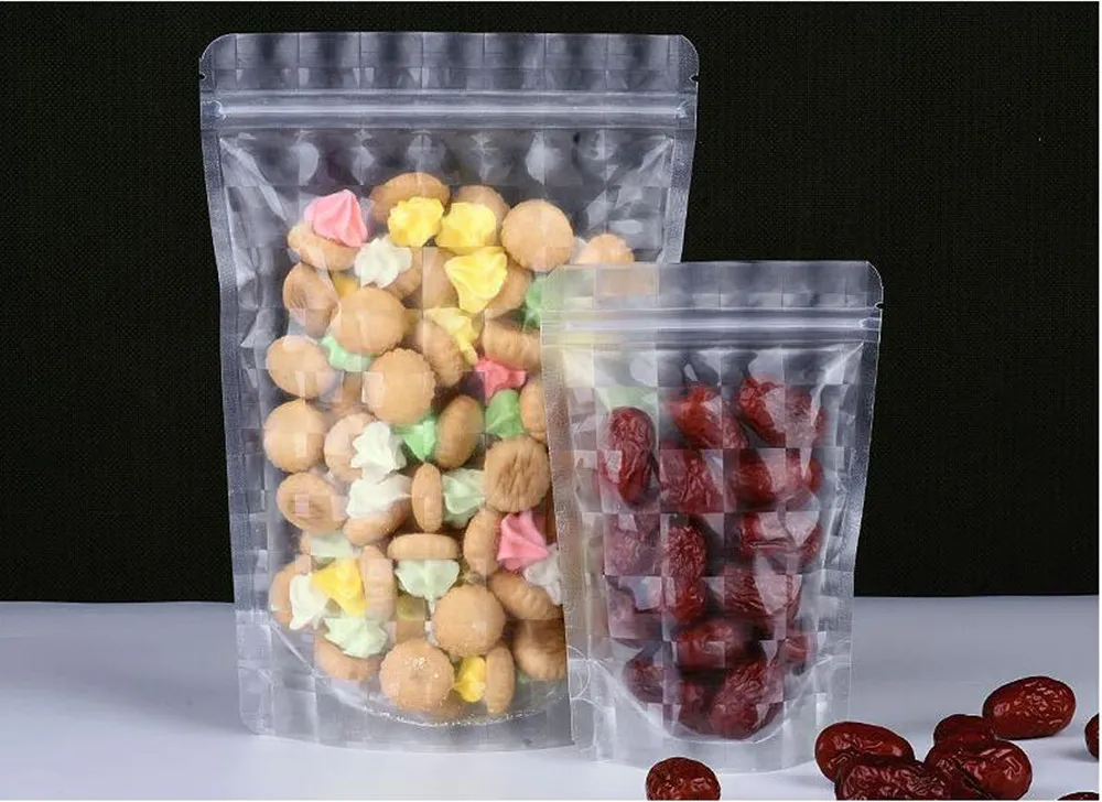 1000 pezzi 3D in plastica trasparente stand up con chiusura a cerniera borsa con chiusura a cerniera riciclabile buste autosigillanti biscotti borsa alimenti