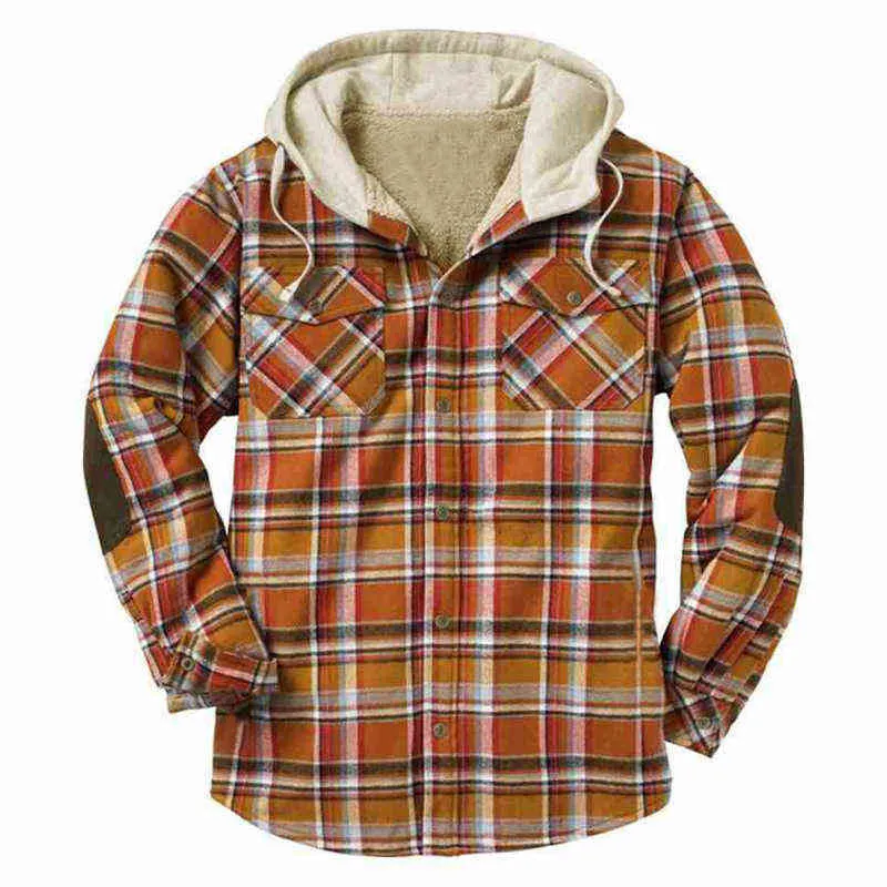 Winter Plaid Jacket Men Fleece Coat Windbreaker Hooded Warm Parkas Utomhus Outwear Overcoats Kläder Mode LM9 211214