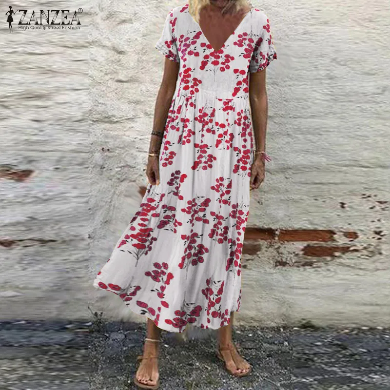 ZANZEA Women Sundress Bohemian Floral Print Beach Maxi Dress Vintage V Neck Short Sleeve Oversized Dresses Femme Kaftan Vestido7 X0521