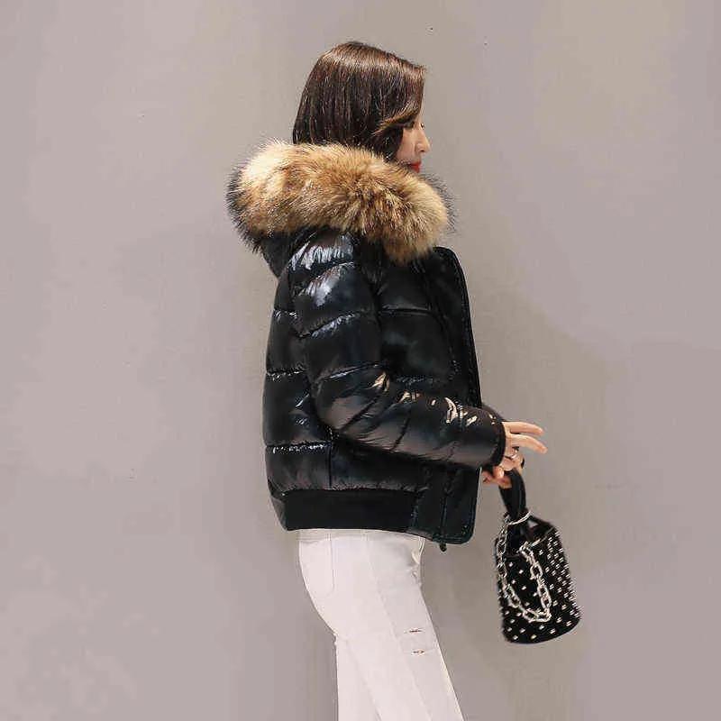 Jaqueta de inverno feminina com capuz magro grande grosso pêlo real curto pato para baixo enchimento casaco feminino sólido roupas quentes neve terno 211216