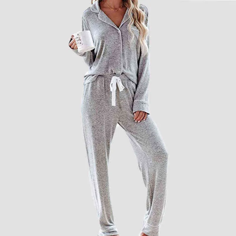 Automne Femmes Tie-Dye Turn-Down Col Bouton Homewear Pyjama Costumes Pantalons à manches longues Vêtements de nuit Soft Skin-Friendly Loungewear 211215