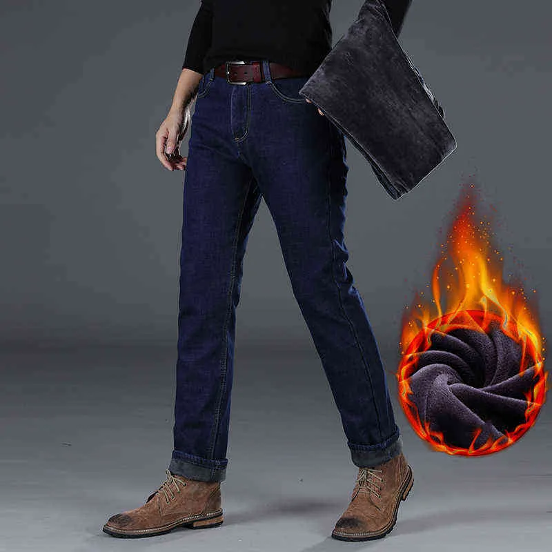 Shan Bao Winterブランドフィットストレートジーンズクラシックスタイルバッジフリース厚く暖かい若者男性のスリムデニム211111