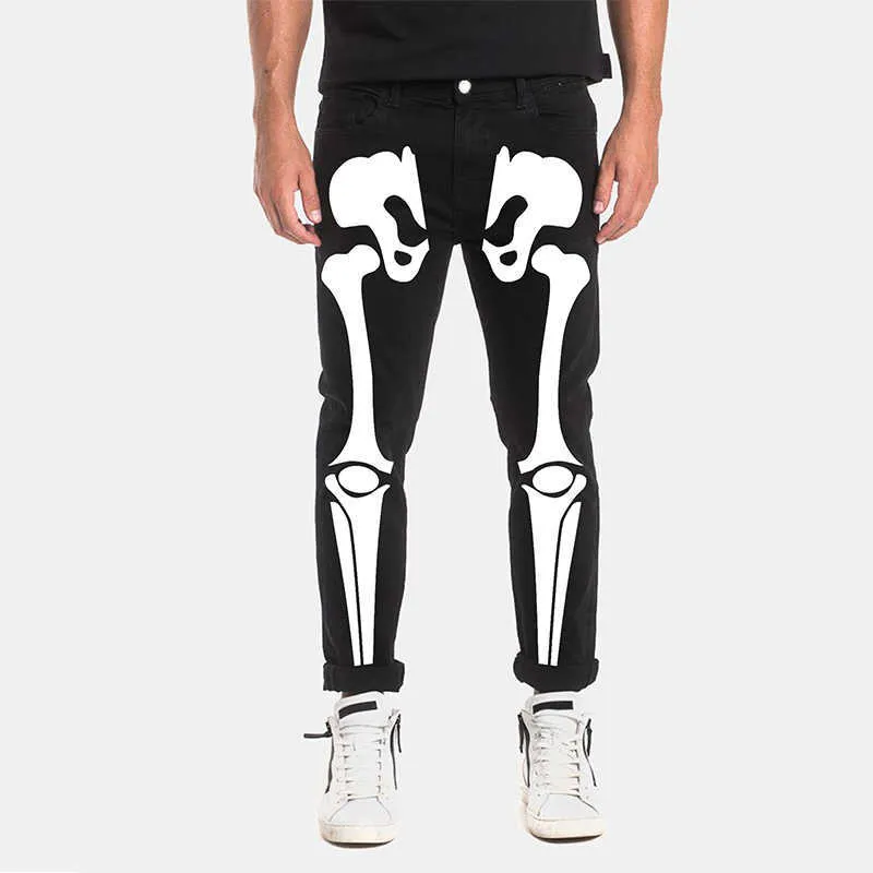 Homens Calças De Jeans Pretas Calças Denim Mens Streetwear Impressão Esqueleto High Wasit Slim Lápis Macacões 210716