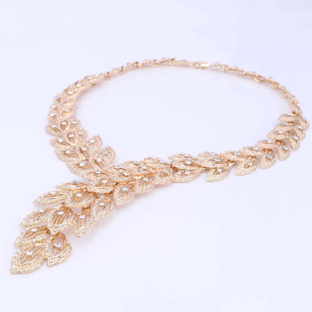 Jewelry Sets For Women Fine Crystal Necklace Earrings Bracelet Set African Beads Gold Color Pendant Wedding Dress Accessories H1022