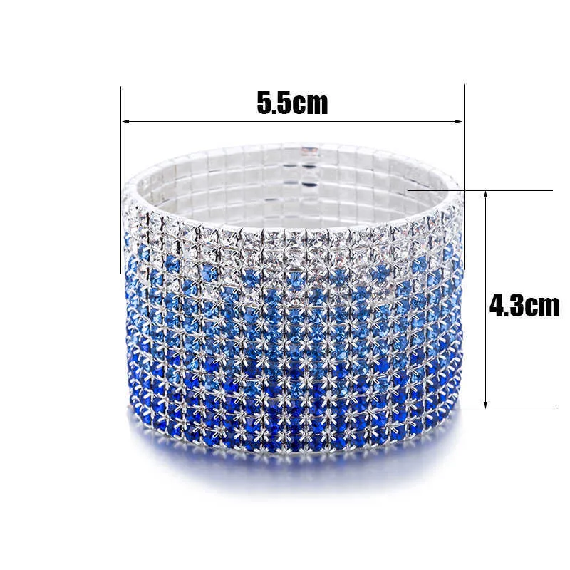 12 Rows Crystal Rhinestone Bangles Bracelet for Women Silver Plated Blue and Clear Crystal Combination Wedding Bracelet (4)