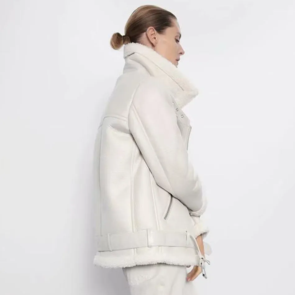 Veste en faux cuir épaisse et chaude pour femme, manteau beige à manches longues avec ceinture, mode hiver, nouveau haut