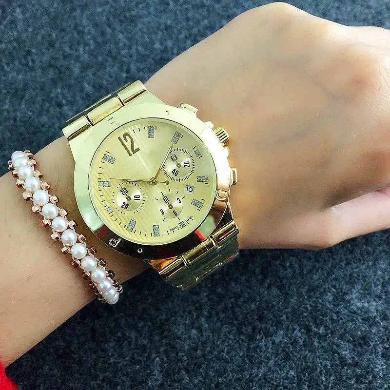 Mode 3 cadrans design montres femmes fille style métal acier bande Quartz montre-bracelet P28