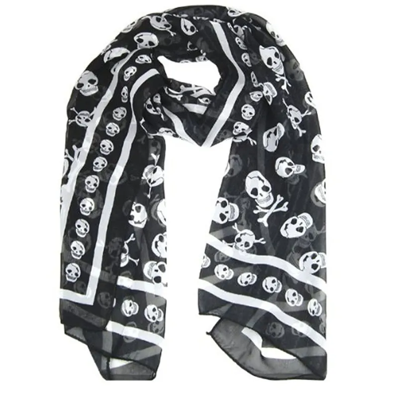 Zwarte chiffon zijde gevoel schedelprint mode lange sjaal scaf wrap voor dames sleutelhanger5594067