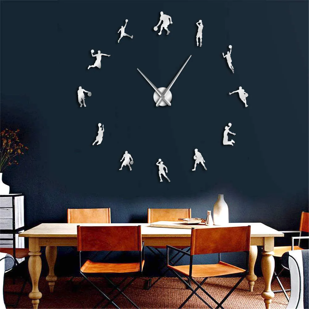 Eva Spelare DIY Large Clock Slam Dunk Kid Room Decor Giant Basketball Wall Watch Gifts 210310